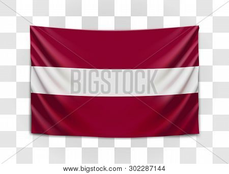 Hanging Flag Of Latvia. Republic Of Latvia. Latvian National Flag Concept.
