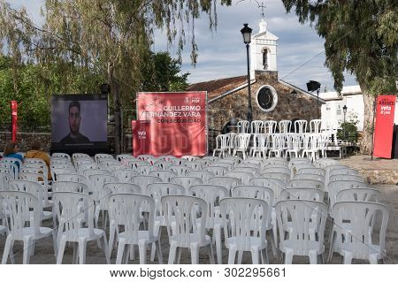 Caceres, Extremadura, Spain - May 20, 2019: Chairs Prepared For The Rally Of Josep Borrel, Candidate