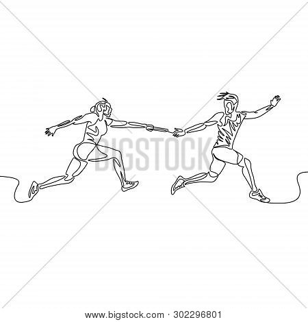 Continuous One Line Relay Race, Runner Passes The Baton. Teamwork Concept.