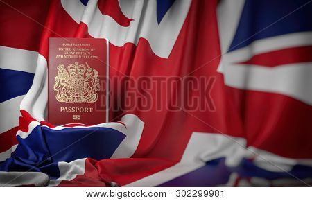 British passport on the flag of the UK United Kingdom. Getting a UK Great Britain passport,  naturalization and immigration concept. 3d illustration
