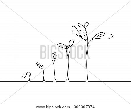 Continuous One Line Plant Growth Process. Vector Illustration