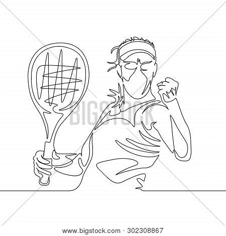 Continuous Line Drawing Woman Tennis Player Clenches His Fist In The Winning Position