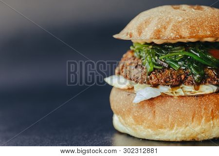 Burger Flyer. Cheese Burger With Grilled Meat, Cheese, Salad And Onion Rings. Close-up Of Delicious 