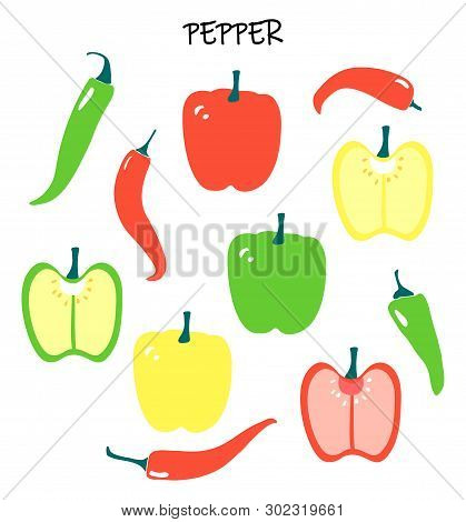 Vector Set With Different Peppers - Chilli And Capsicum, Bell Pepper. Yellow, Greem And Red Vegetabl