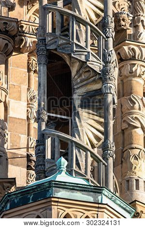 An image of an outdoor stairs at the tower of the Kilian Church in Heilbronn Germany