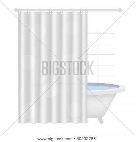 Mockup For Bath Curtain. You Can Easy To Change Color And Pattern. Vector Illustration Of A Bathroom