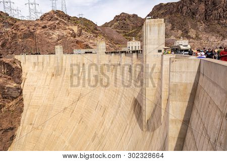 Nevada, Usa - April 8, 2019: Hoover Dam, A Concrete Arch-gravity Dam Located On The Nevada And Arizo