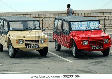 Nice, France - May 21, 2019: Two Citroen Mehari (front View), French Retro Cars Parked In A Parking 