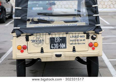 Nice, France - May 21, 2019: Vintage Beige Citroen Mehari (rear View) French Car Parked In A Parking