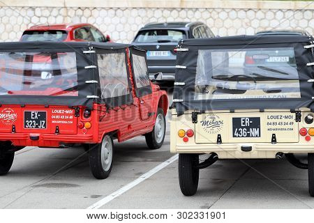Nice, France - May 21, 2019: Two Citroen Mehari (rear View), French Retro Cars Parked In A Parking L