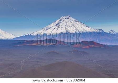 Snow- Capped Mount Bolshaya Udina, Volcanic Massive, One Of The Volcanic Complex On The Kamchatka Pe