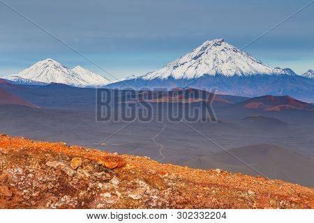 Snow- Capped Mount Bolshaya Udina, Volcanic Massive, One Of The Volcanic Complex On The Kamchatka Pe