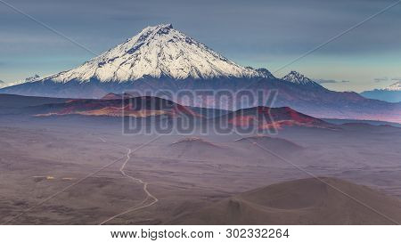 Snow- Capped Mount Bolshaya Udina, Volcanic Massive, One Of The Volcanic Complex On The Kamchatka Pe