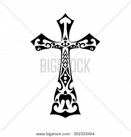 Tribal Tattoo Style Illustration Of Polynesian Cross With Polynesian, Maori And Hawaiian Influence W