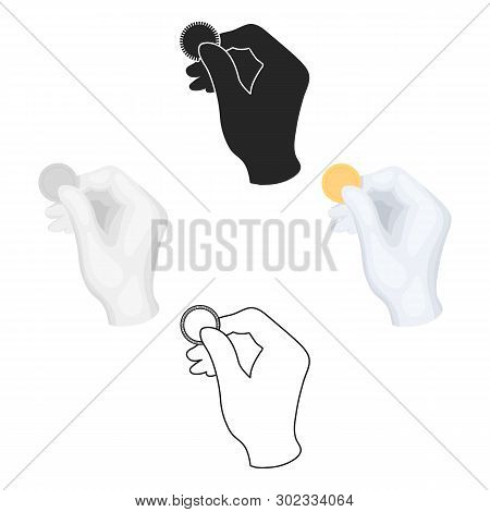 Trick With Coin Icon In Cartoon, Black Style Isolated On White Background. Black And White Magic Sym