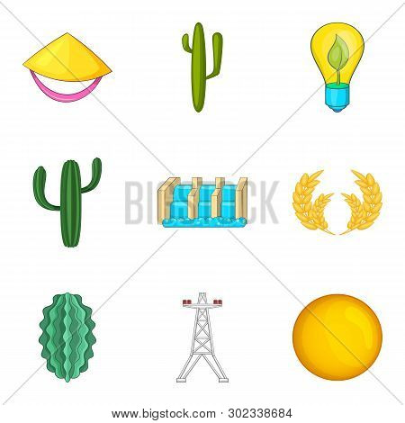 Sunny Enegry Icons Set. Cartoon Set Of 9 Sunny Enegry Icons For Web Isolated On White Background