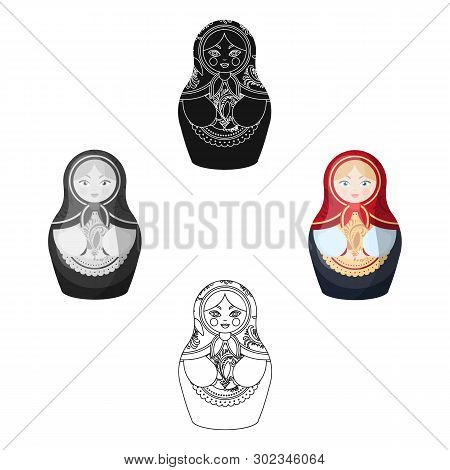 Russian Matrioshka Icon In Cartoon, Black Style Isolated On White Background. Russian Country Symbol