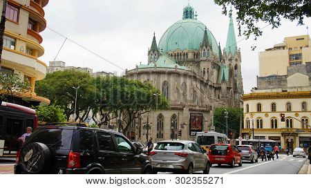 Sao Paulo, Brazil - May 9, 2019: Sao Paulo Downtown With Metropolitan Cathedral On The Background