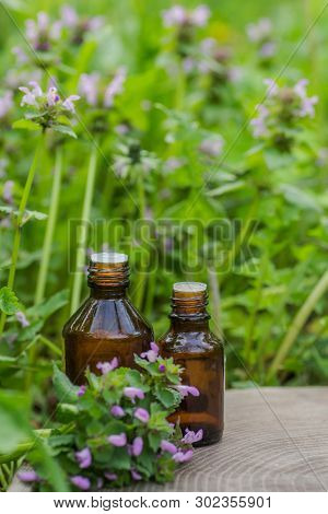 Pharmaceutical Bottle Of Medicine From Thymus Vulgaris, Common Thyme, German, Garden Or Just Thyme O