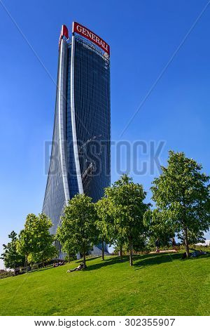 Milan, Italy - May 9, 2019: Zaha Hadid Generali Tower Known As Lo Storto Or The Twisted One, One Of 