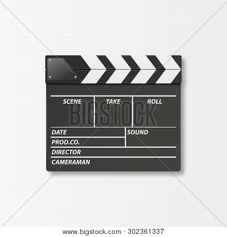 Vector 3d Realistic Closed Movie Film Clap Board Icon Closeup Isolated On White Background. Design T