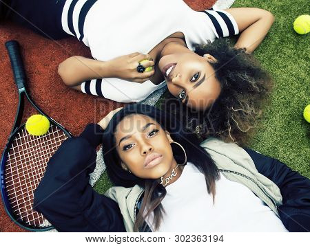 Young Pretty Girlfriends Hanging On Tennis Court, Fashion Stylish Dressed Swag, Best Friends Happy S