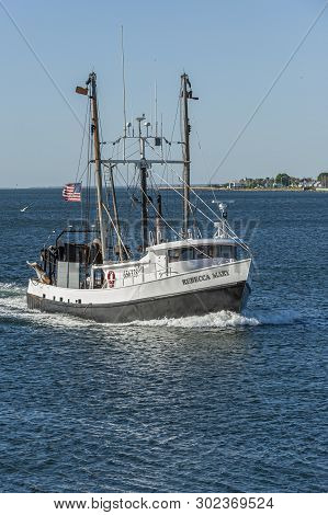 New Bedford, Massachusetts, Usa - May 21, 2019: Commercial Fishing Vessel Rebecca Mary, Hailing Port