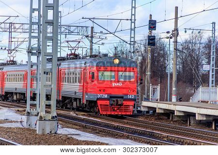 Russian Train On The Platform. Russia, Leningrad Region Lyuban March 24, 2019
