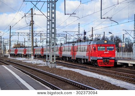 Russian Train On The Platform. Russia, Leningrad Region Lyuban March 24, 2019
