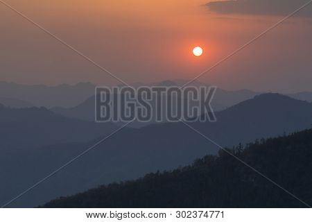 Beautiful Sunset And Blue Layer Hills View From Fmous View Point Bandipur Nepal