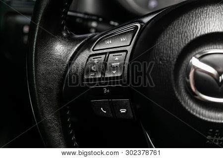 Novosibirsk, Russia - May 20, 2019:  Mazda Cx5, Close-up Of The Multiwheel With Phone Setting And Vo