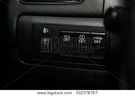 Novosibirsk, Russia - May 20, 2019:  Mazda Cx5, Close-up Of The Headlight Adjustment And Other Butto