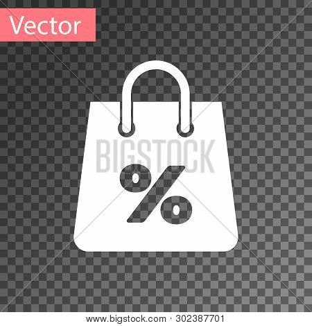 White Shoping Bag With An Inscription Percent Discount Icon Isolated On Transparent Background. Hand
