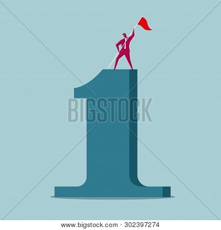 Businessman Occupied The Top Of The Number 1. Isolated On Blue Background.