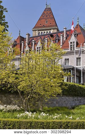 Street Lausanne In The Spring And Flower Beds. Travels In Europe And Rorism