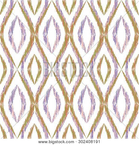 Ikat Ogee Seamless Vector Pattern Design. Ethnic Fabric Print Geometric Ikat Pattern. Cool Ogee Seam