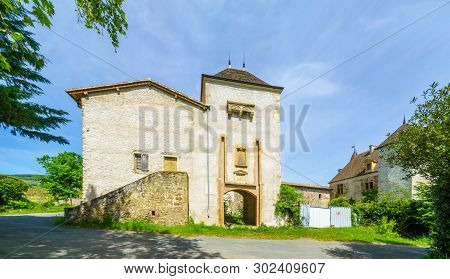 Quincie-en-beaujolais, France - May 07, 2019: Landscape Of Vineyards And Countryside, And Old Chatea