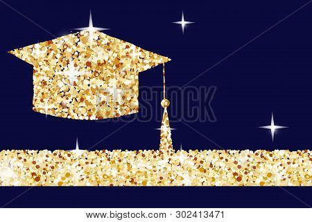 Golden Graduation Cap Horizontal Banner, Gold College Student Icon Made Of Golden Glitter Dust On Da