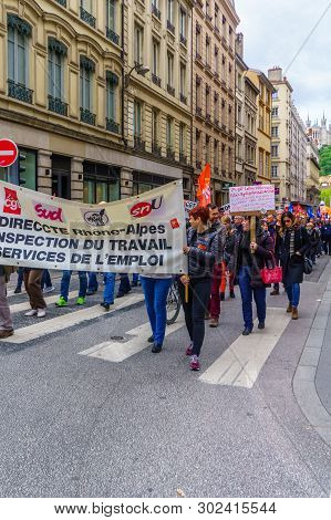 Lyon, France - May 09, 2019: Protestors About Teachers And Education Issues March In The Streets Of 