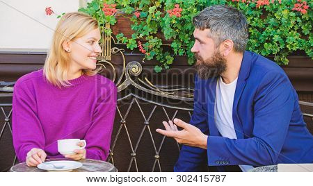 Meet Become Acquaintances. Meeting People First Date. Couple Terrace Drinking Coffee. Casual Meet Ac