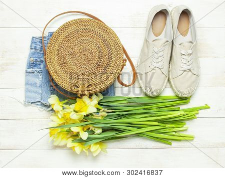 Fashionable Natural Organic Round Rattan Bag, Denim Shorts, Beige Women's Espadrilles, Yellow Narcis