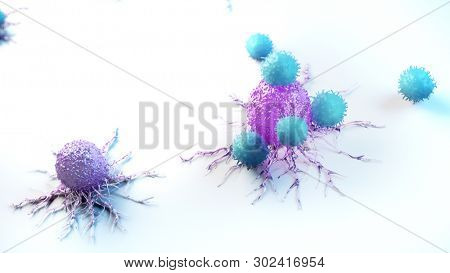 3d rendered medically accurate illustration of a cancer cell being attacked by leucocytes