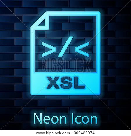 Glowing Neon Xsl File Document Icon. Download Xsl Button Icon Isolated On Brick Wall Background. Exc