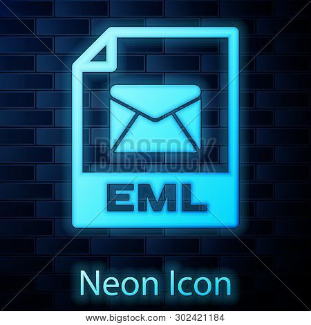 Glowing Neon Eml File Document Icon. Download Eml Button Icon Isolated On Brick Wall Background. Eml