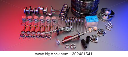 Auto Parts Spare Parts Car On The Grey Background. Set With Many New Items For Shop Or Aftermarket. 