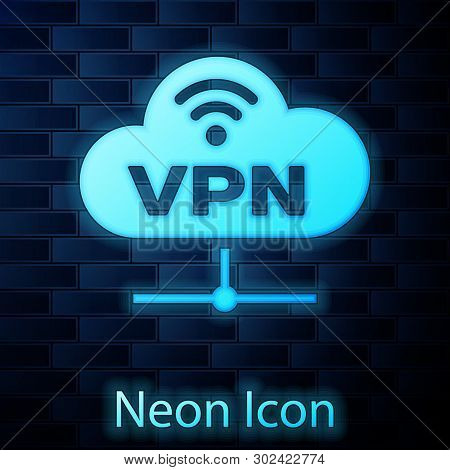 Glowing Neon Vpn Network Cloud Connection Icon Isolated On Brick Wall Background. Social Technology.