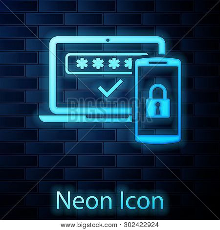 Glowing Neon Multi Factor, Two Steps Authentication Icon Isolated On Brick Wall Background. Vector I
