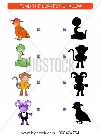 Find The Correct Shadow. Kids Educational Game. Cartoon Animal: Bird, Snake, Monkey, Ram.