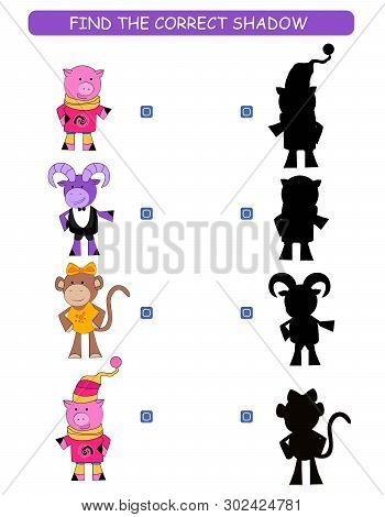 Find The Correct Shadow. Kids Educational Game. Cartoon Animal: Monkey, Pig, Ram.
