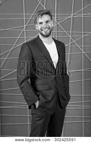 Guy Unshaved Office Manager. Manager Dress Code. Man Well Groomed Manager Wear Elegant Formal Suit P